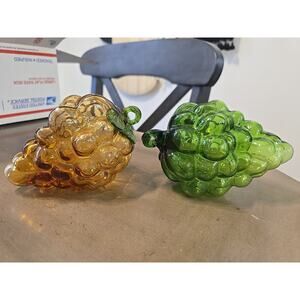 Set Of 2Vintage MCM Hand Blown Glass Amber/Green Grapes Murano Style Figurine